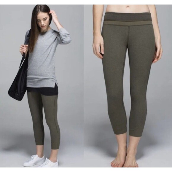 LULULEMON Refine Crop Legging Heathered Fatigue Green Wee Stripe Athleisure Sz 6 - Picture 1 of 11